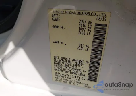 2020 Nissan Altima Sr Vc-Turbo Fwd z USA, uszkodzony, nr VIN 1N4AL4CV2LC147858